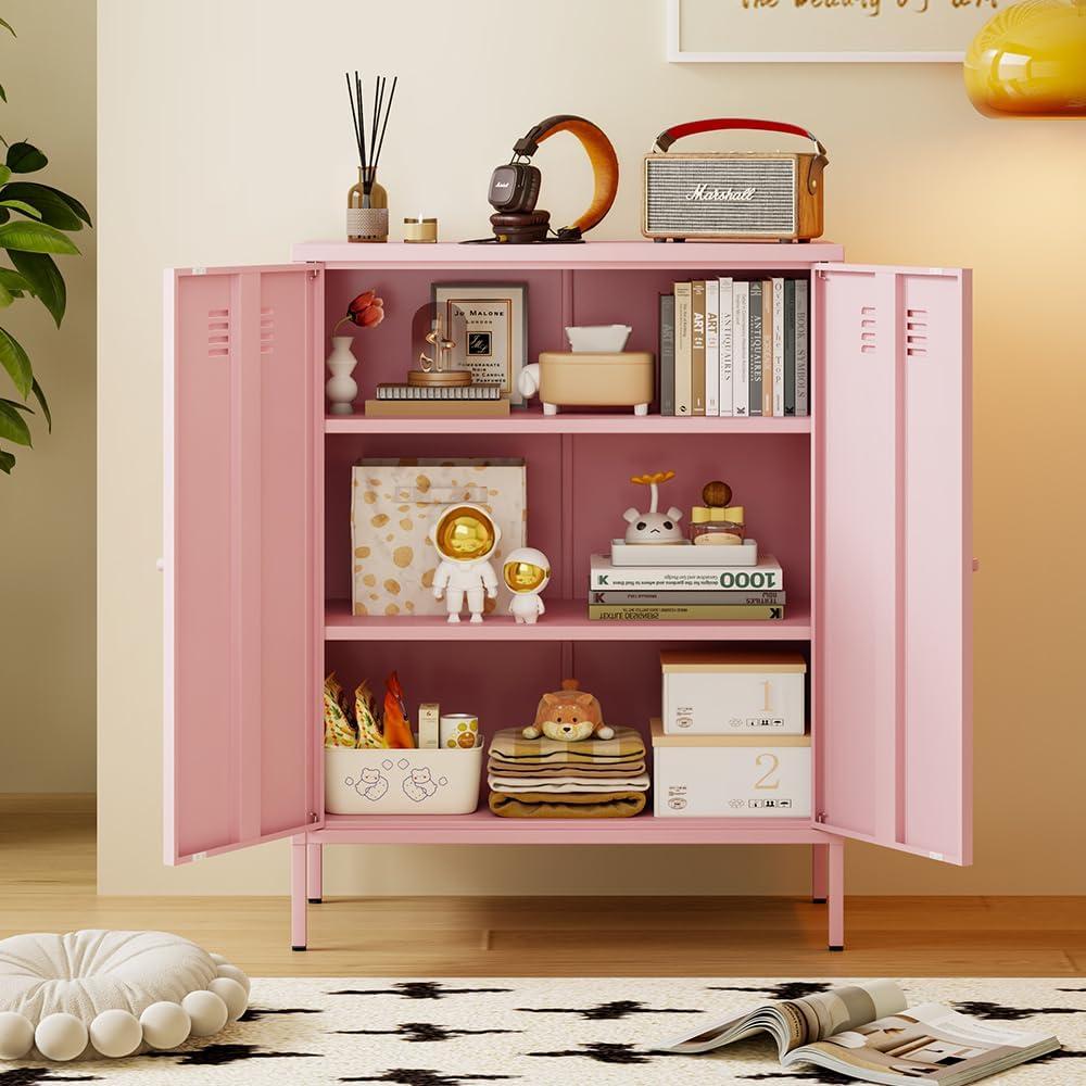 Pink Metal Freestanding Storage Cabinet with Adjustable Shelves