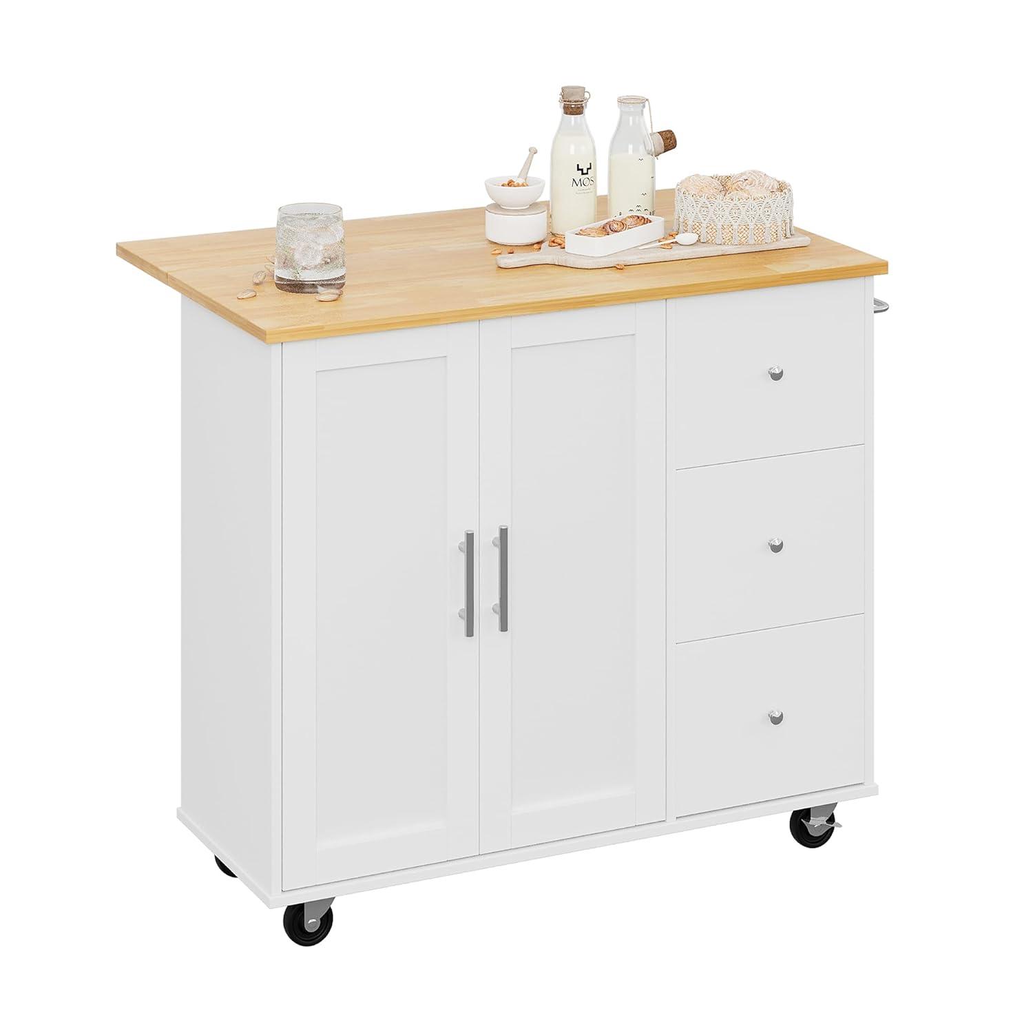 Sobaniilo Small Kitchen Island on Wheels with 3-Tier Side Spice Rack and Rubber Wood Top, Trolley Cart with Storage Cabinet & Drawer and Handle/Towel Rack, White