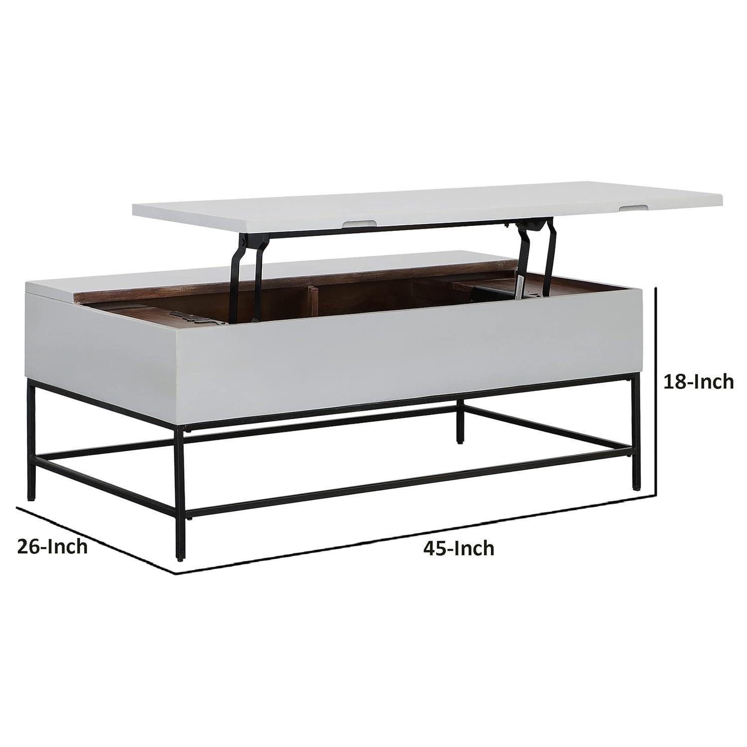 45 Inch Rectangular Mango Wood Coffee Table, Lift Top Storage, Iron Frame, White, Black 71911