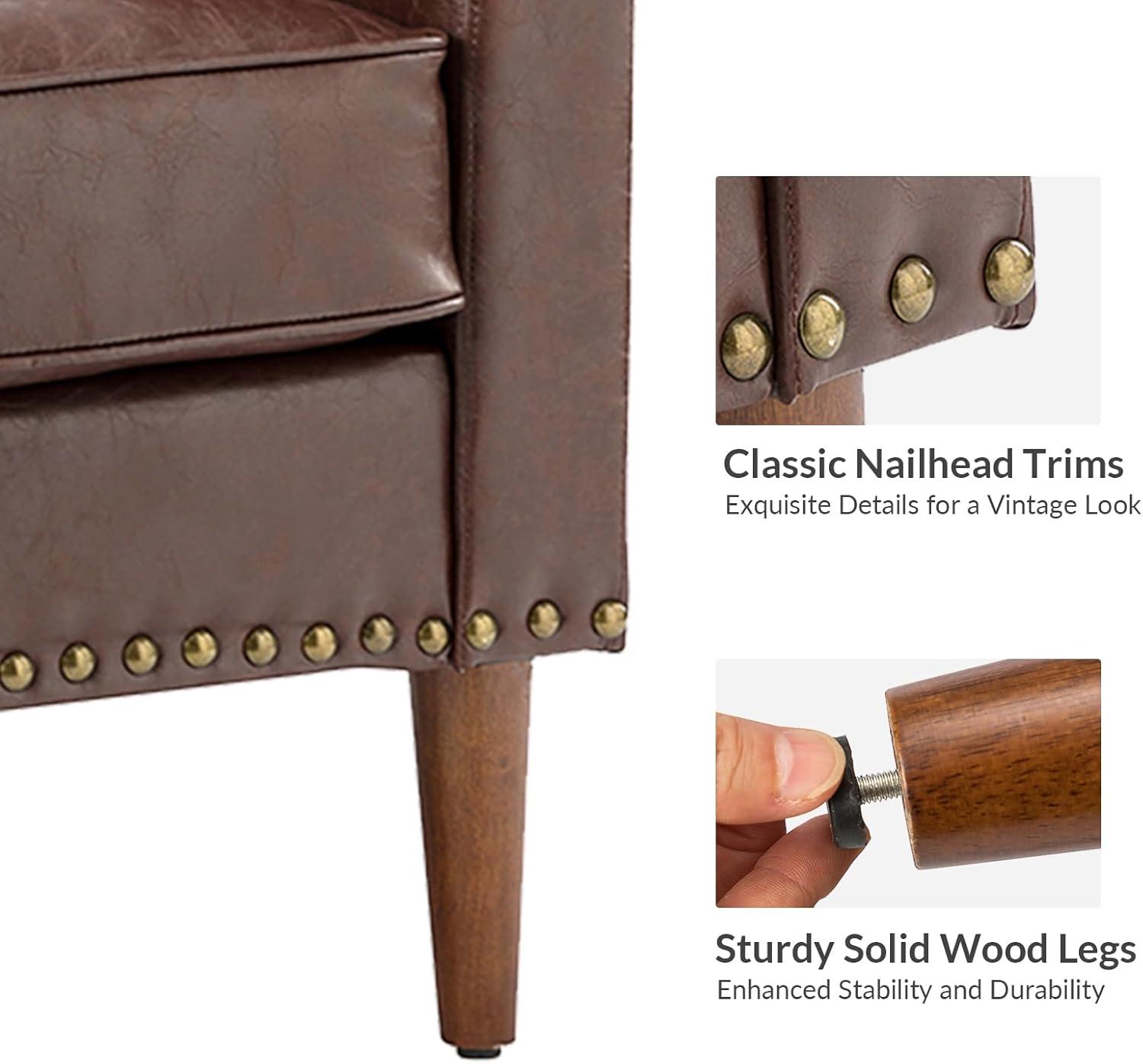 HULALA HOME Faux Leather Accent Armchairs Set of 2 with Back & Seat Cushions, Traditional Club Chairs with Nailhead Trim, Comfy Upholstered Sofa Chairs for Living Room Bedroom, Beige