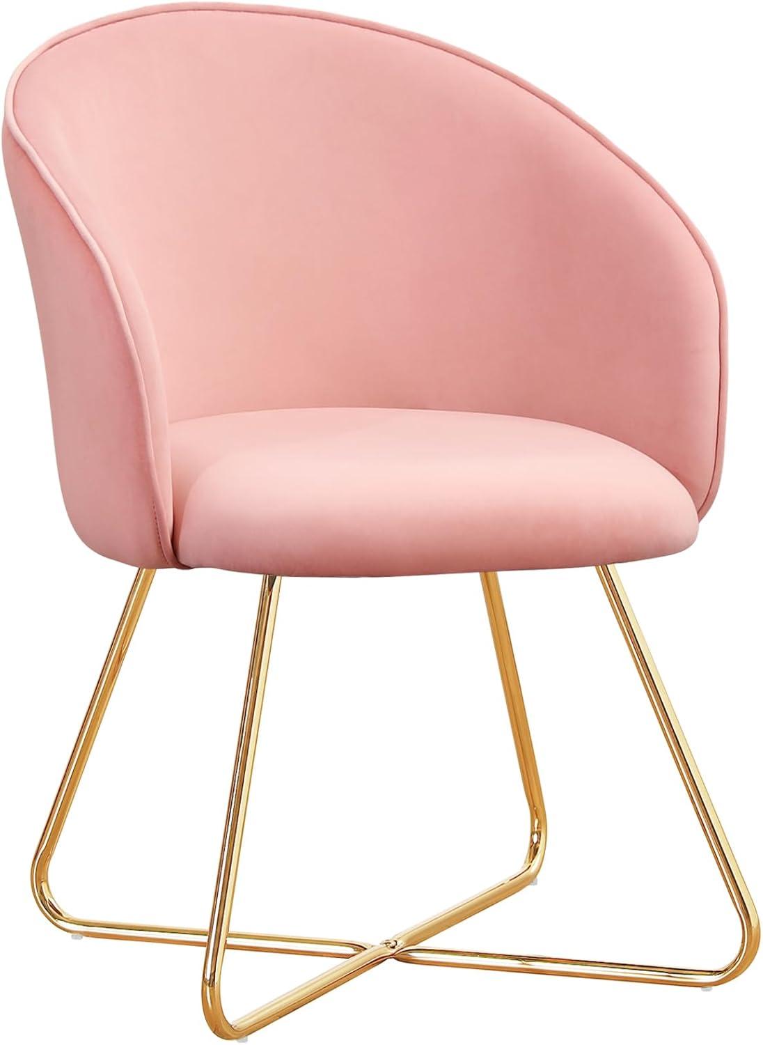 Furniliving  Velvet Upholstered Accent Chair Mid-Back Leisure Chairs Makeup Vanity Stool  , Pink