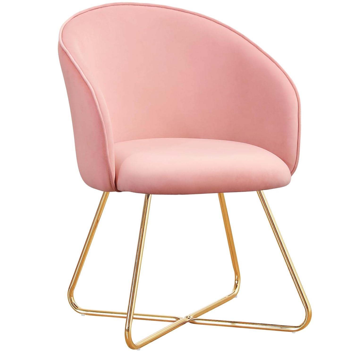 Furniliving  Velvet Upholstered Accent Chair Mid-Back Leisure Chairs Makeup Vanity Stool  , Pink