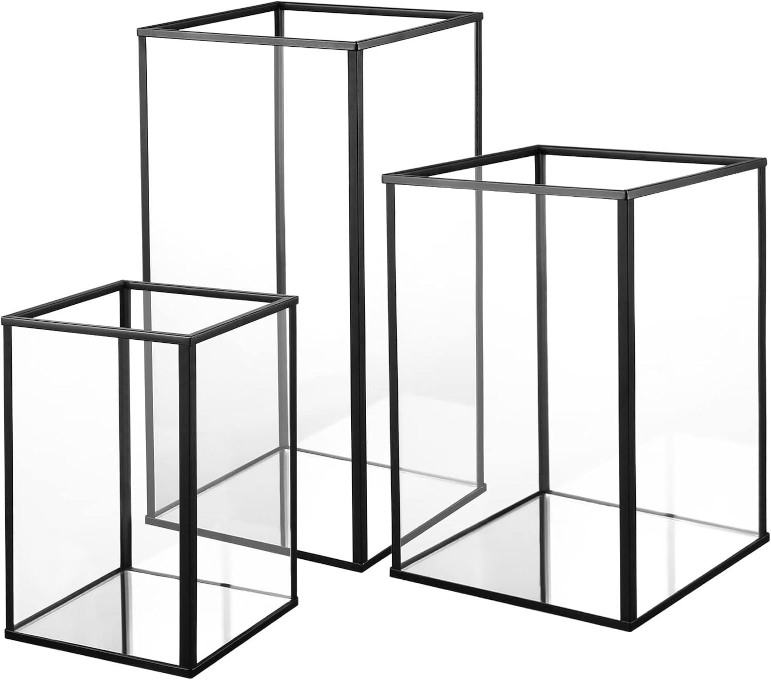Phosphor Small Hurricane Candle Holder Set of 3 Pieces, Black Glass Candle Holder for Wedding, Party, Holiday.
