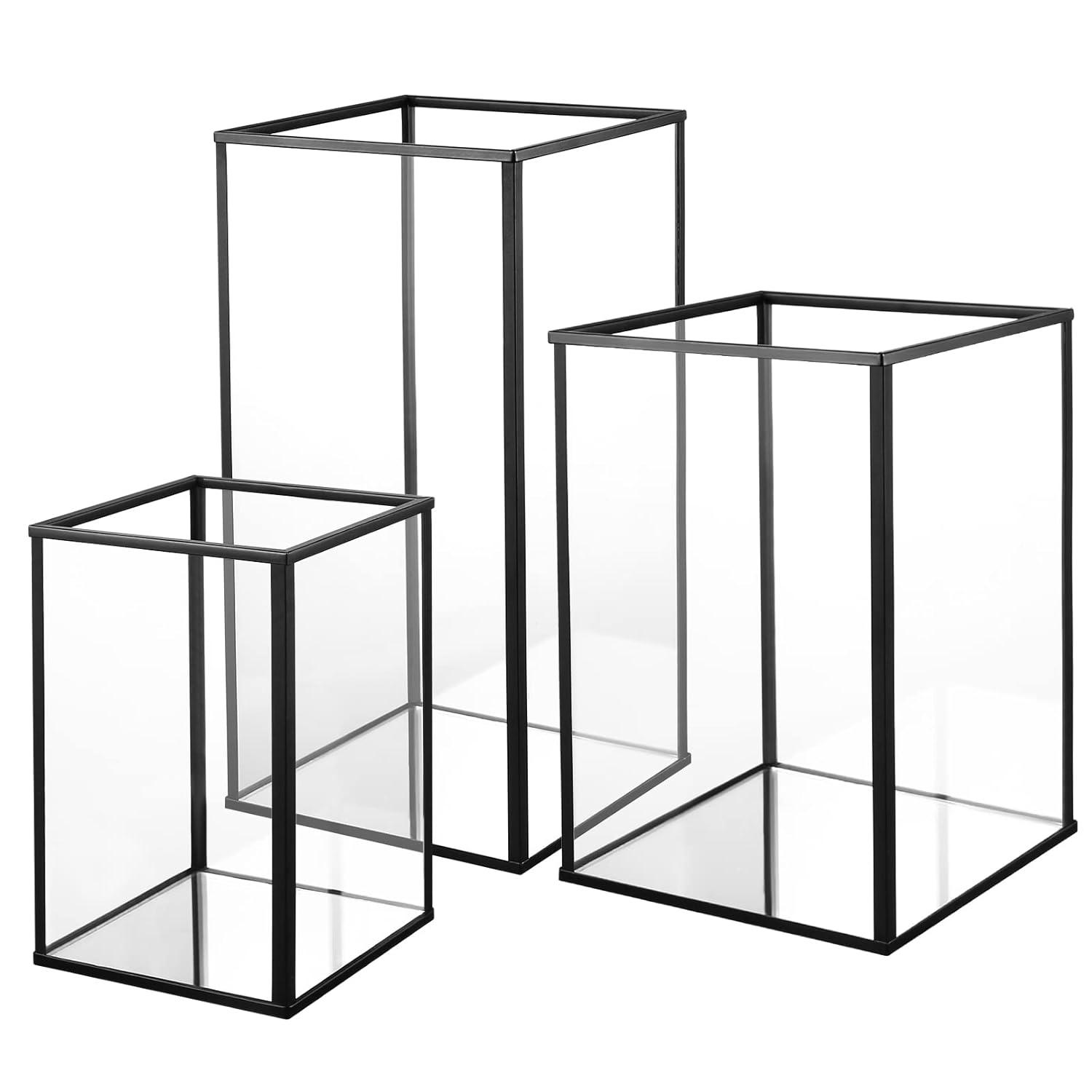 Glass Hurricane Candle Holder, Set of 3 Large Clear Hexagon Lanterns Pillar Candle Lantern with Gold Metal Frame Wedding Centerpiece Table Decor Home Decorations