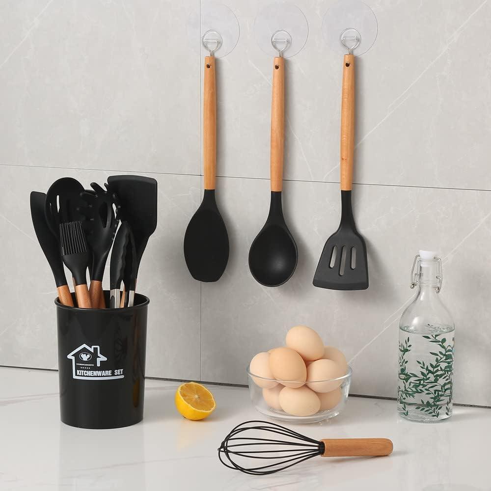 LINLIN Silicone Kitchen Utensils Set with Holder 12 PCS Cooking Utensils Set with Wooden Handle Heat Resistant Kitchen Gadgets Utensil Set Kitchen Accessories