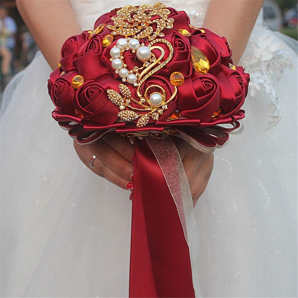 Customization Satin Rose Wedding Bouquet Gold Brooch Crystal Rhinestone Bride Bouquet Wedding Flowers, Burgundy