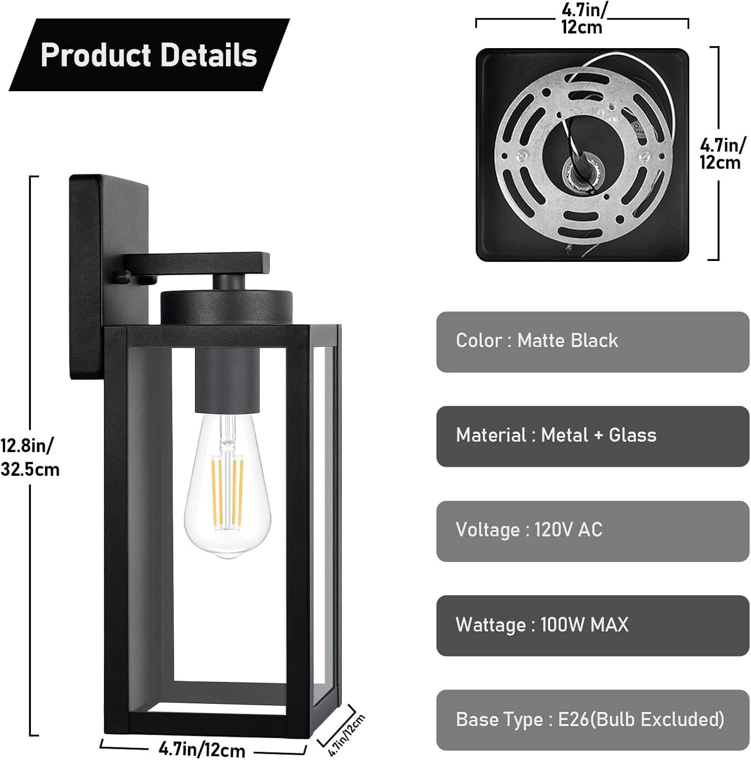 Outdoor Wall Light Fixtures, Exterior Waterproof Lanterns, Porch Sconces Wall Mounted Lighting With E26 Sockets & Glass Shades, Modern Matte Black Wall Lamps For Patio Front Door Entryway, 2-Pack