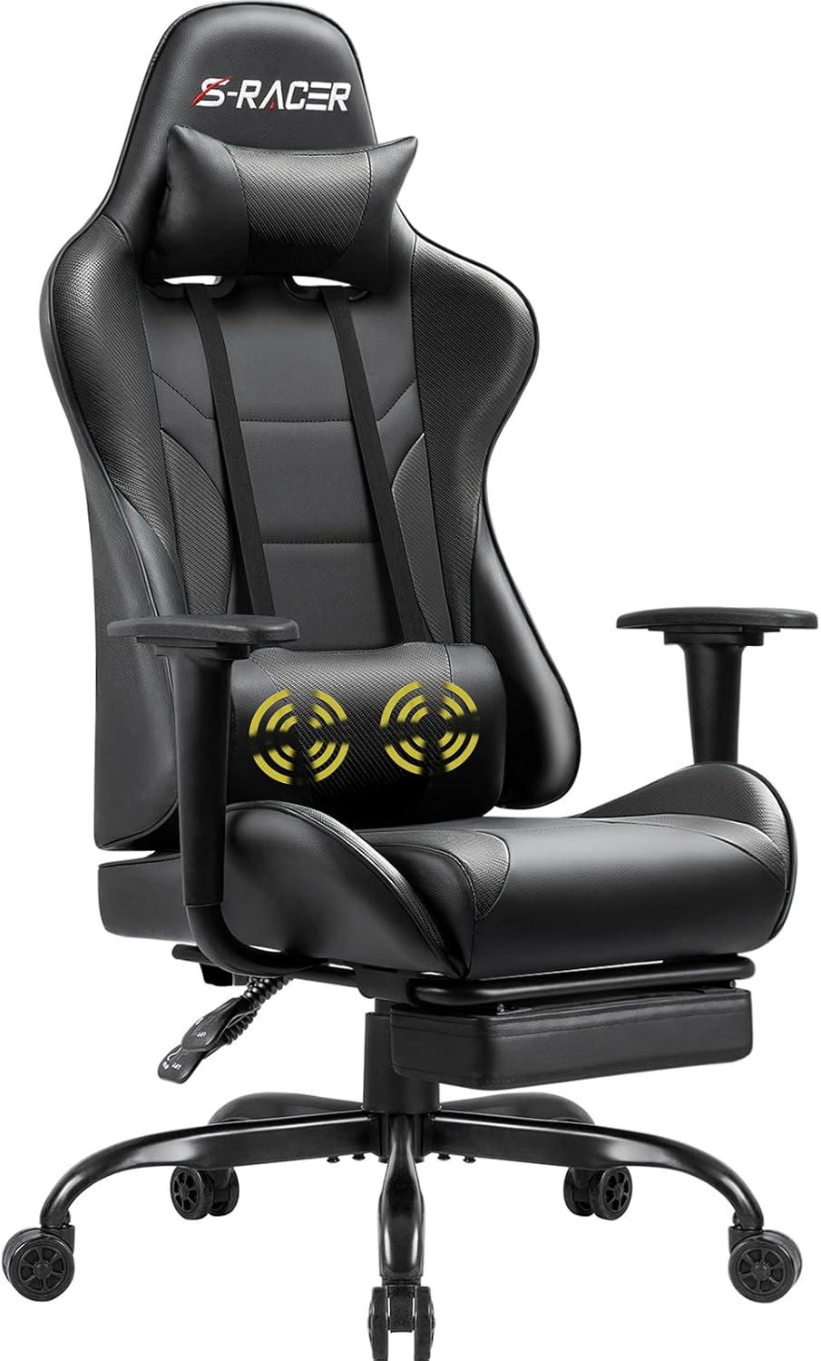 Killeryuki Gaming Chair Massage Computer Office Chair Ergonomic Desk Chair with Footrest Racing Executive Swivel Chair Adjustable Rolling Task Chair (Black)