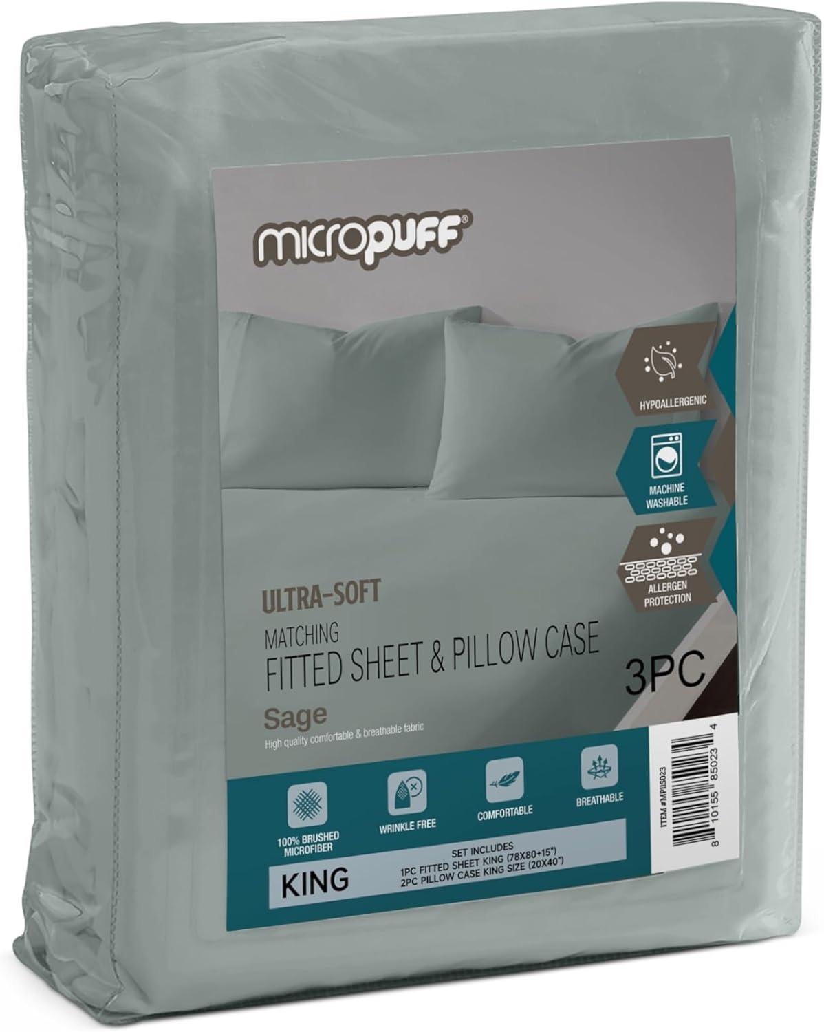 Micropuff 2-Piece Queen Pillowcase Set with Matching King Size (78"x80") Fitted Sheet Set - Wrinkle Free (Flat Sheet Not Included)