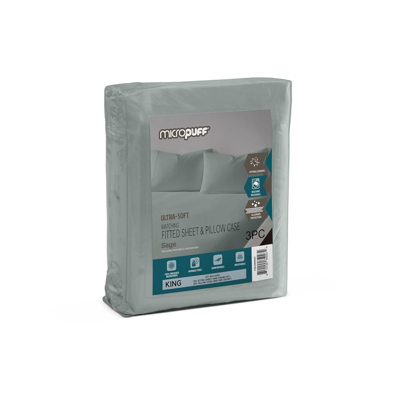 Micropuff 2-Piece Queen Pillowcase Set with Matching King Size (78"x80") Fitted Sheet Set - Wrinkle Free (Flat Sheet Not Included)