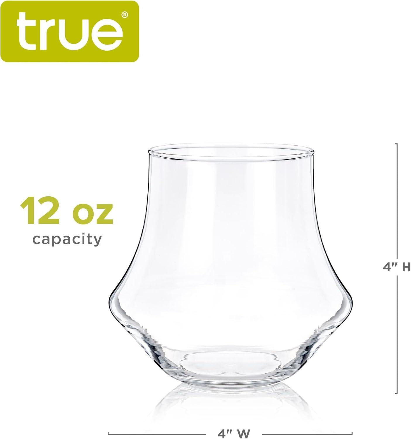 True Whiskey Glasses, Tumblers for Bourbon, Scotch, Curved Stylish Whisky Sipping Glass, 12 Ounces, set of 4