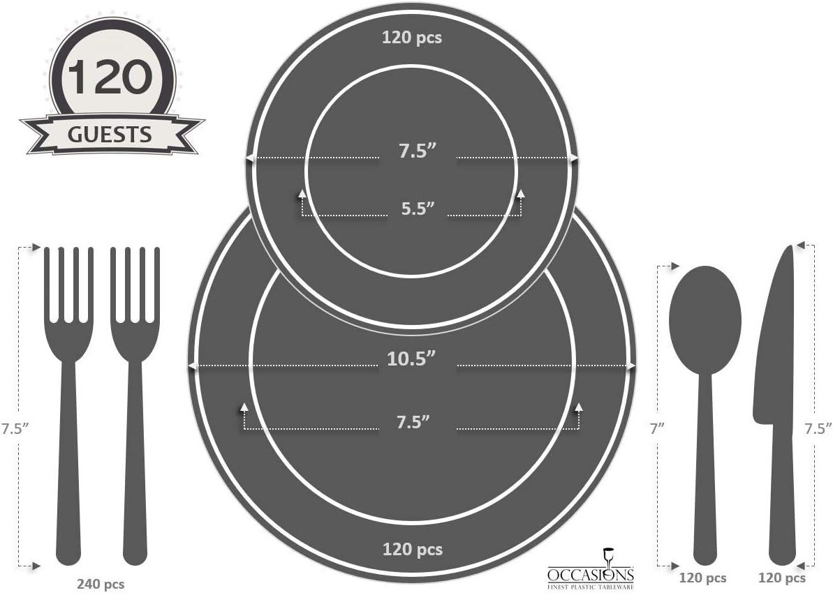 OCCASIONS 720 Pcs set(120 guest) - Extra Heavyweight Vintage Wedding Party Disposable Plastic Plates + Silverware (Double Fork) (Chateau in Ivory, Gold Silverware)
