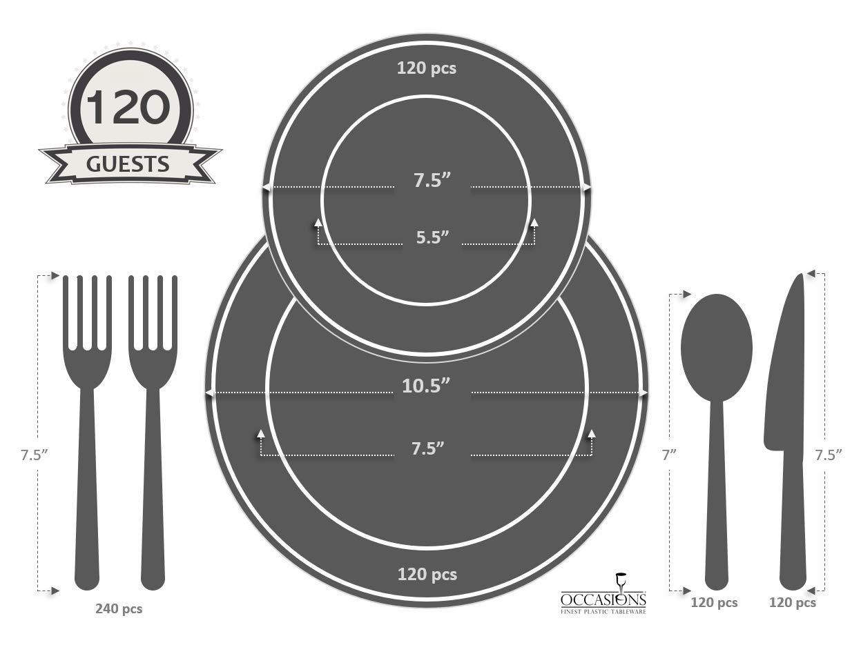 OCCASIONS 720 Pcs set(120 guest) - Extra Heavyweight Vintage Wedding Party Disposable Plastic Plates + Silverware (Double Fork) (Chateau in Ivory, Gold Silverware)