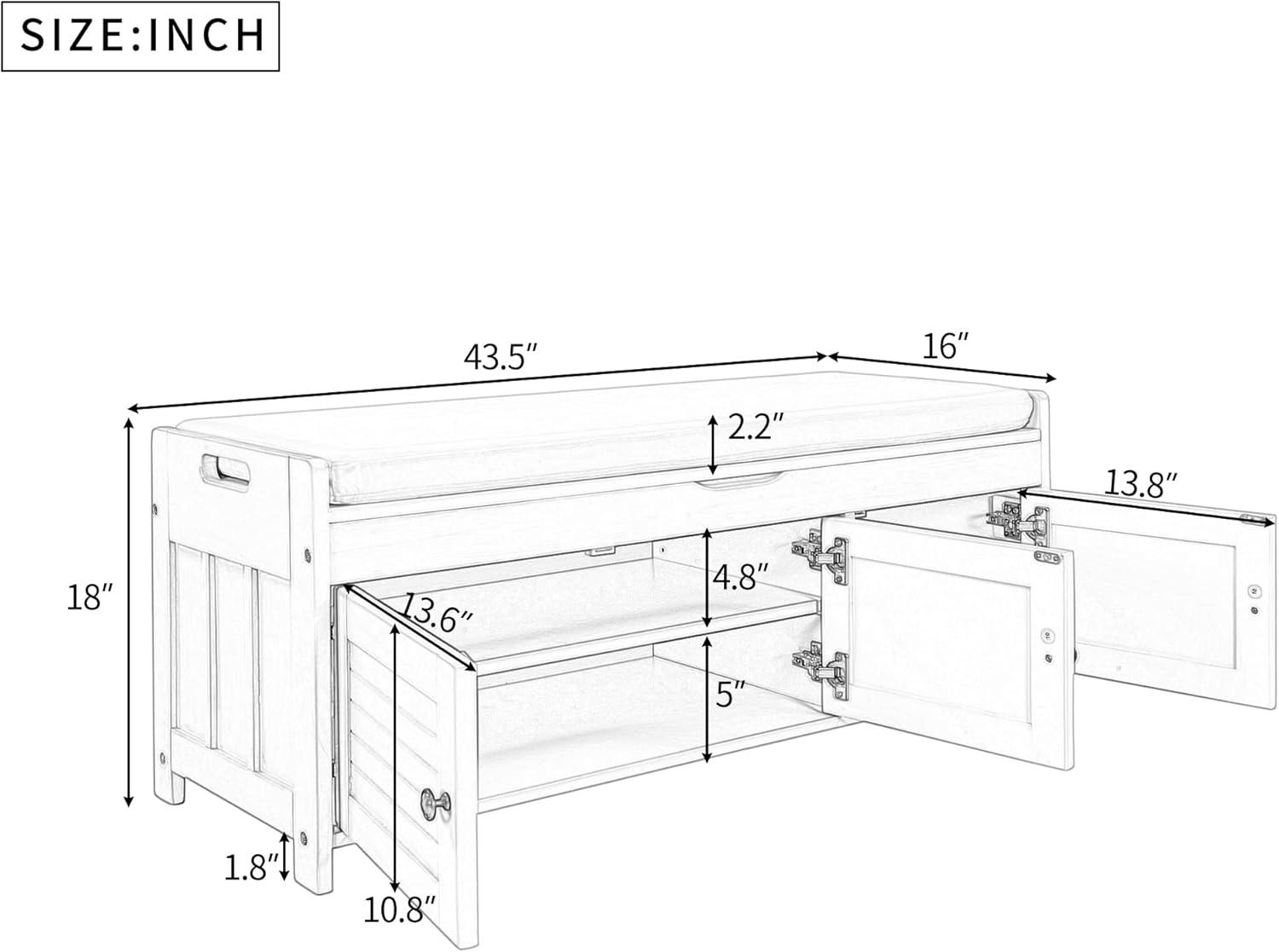 Gray Wash Pine Wood Storage Bench with Shutter Doors and Cushion