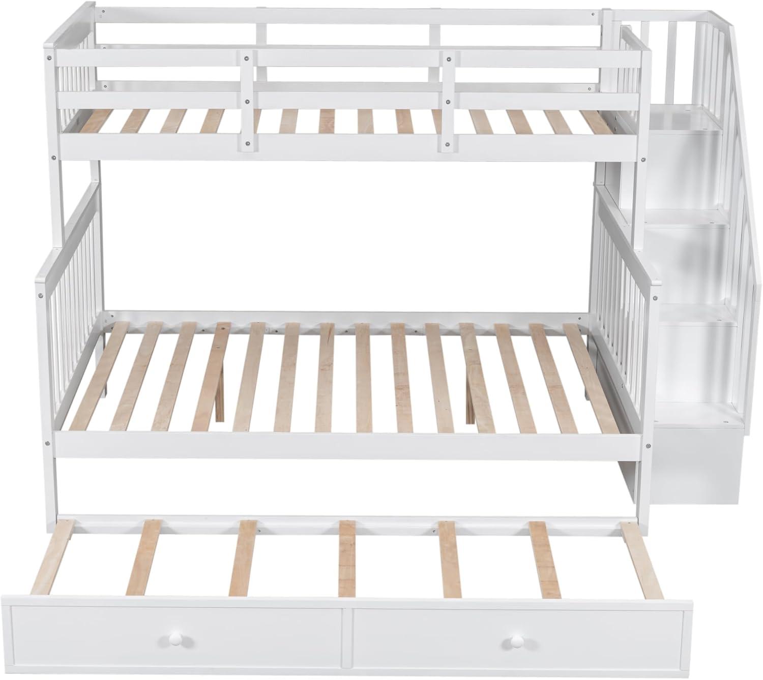 CITYLIGHT Bunk Bed Twin Over Full with Trundle, Bunk Beds with Stairs and Open Shelves, Wooden Stairway Bunk Bed for Kids, Teens,Bedroom, Dorm(White,Twin Over Full)