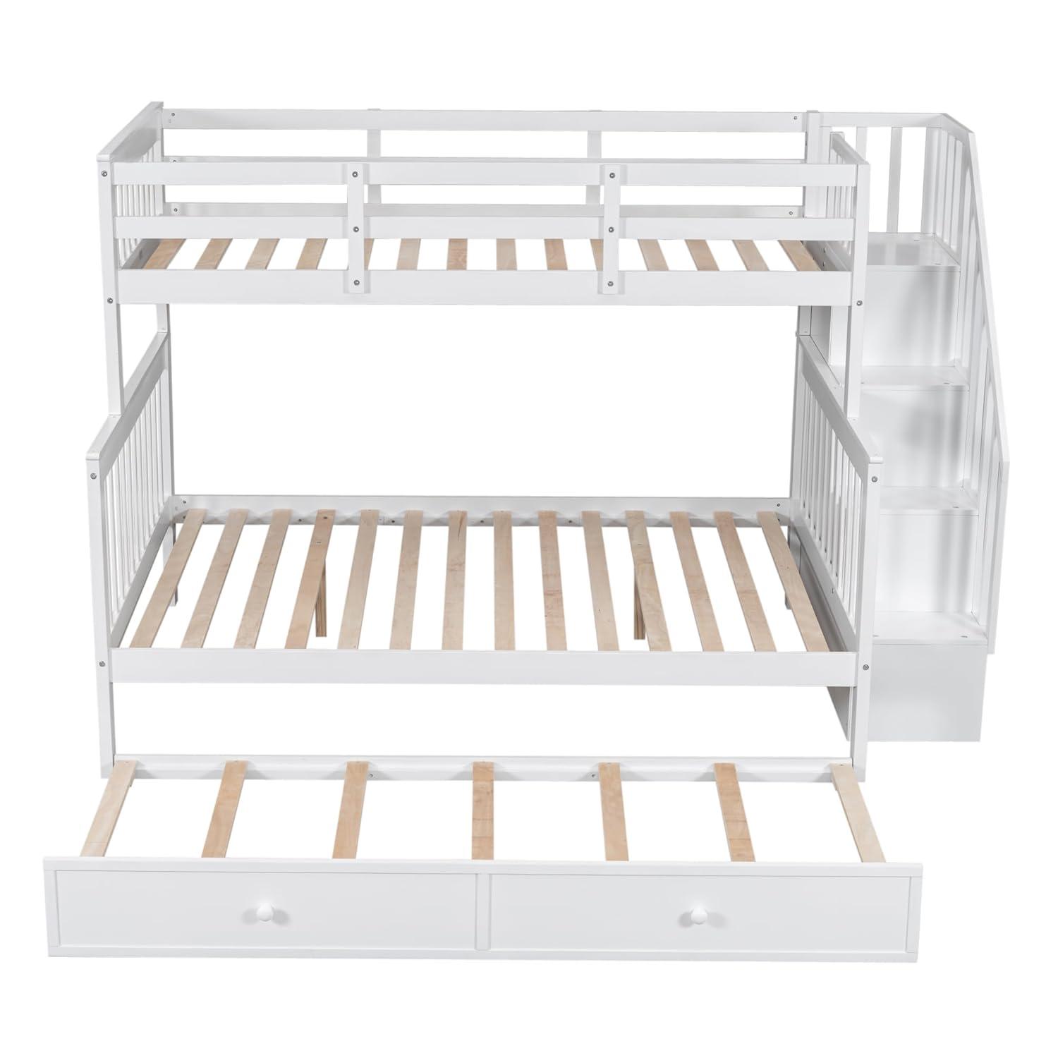 CITYLIGHT Bunk Bed Twin Over Full with Trundle, Bunk Beds with Stairs and Open Shelves, Wooden Stairway Bunk Bed for Kids, Teens,Bedroom, Dorm(White,Twin Over Full)
