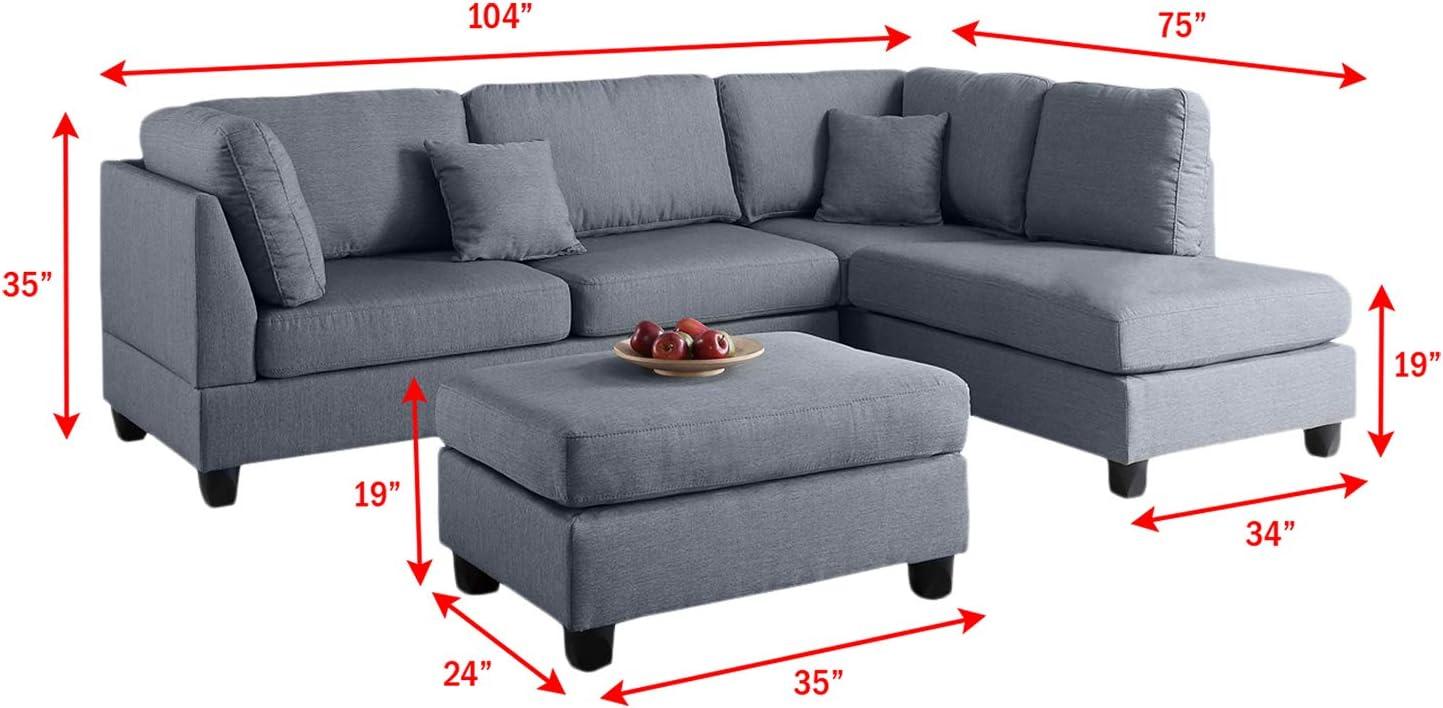 Poundex 3 Piece Fabric Reversible Sectional Sofa Set with Ottoman in Gray