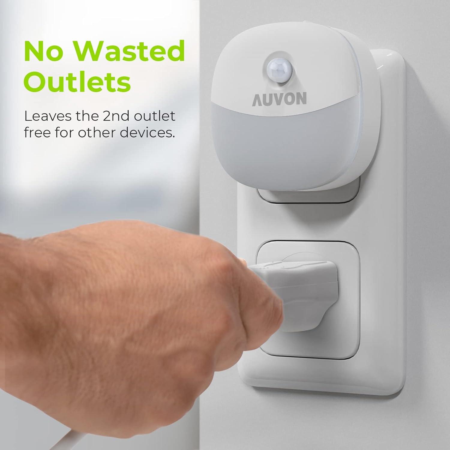 AUVON Plug in Night Light with Motion Sensor and Dusk to Dawn Sensor, Mini Warm White LED Nightlight with 1-50 lm Adjustable Brightness for Bathroom, Hallway, Stairs, Bedroom, Kitchen (4 Pack)