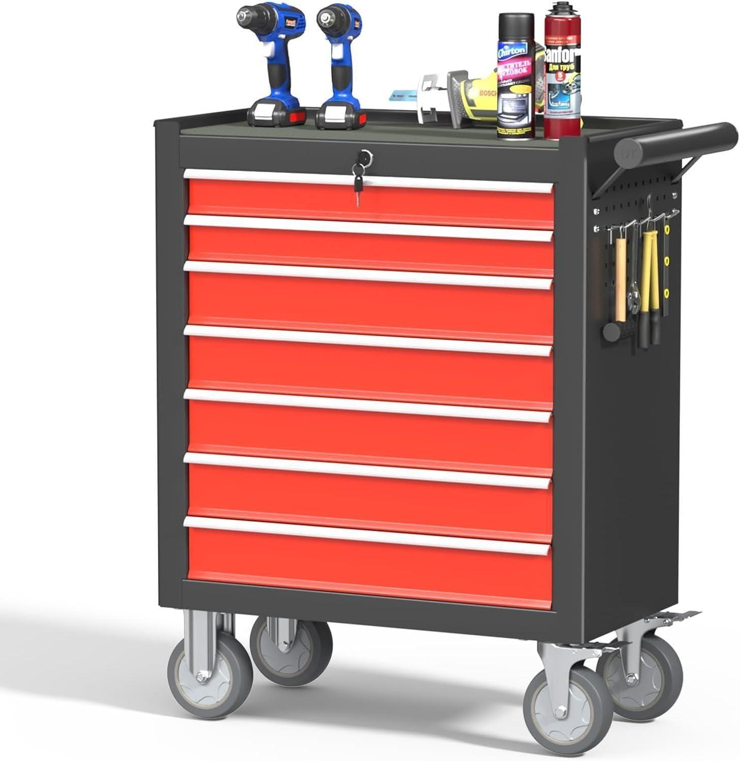 Black and Red 7-Drawer Rolling Metal Tool Chest with Lock