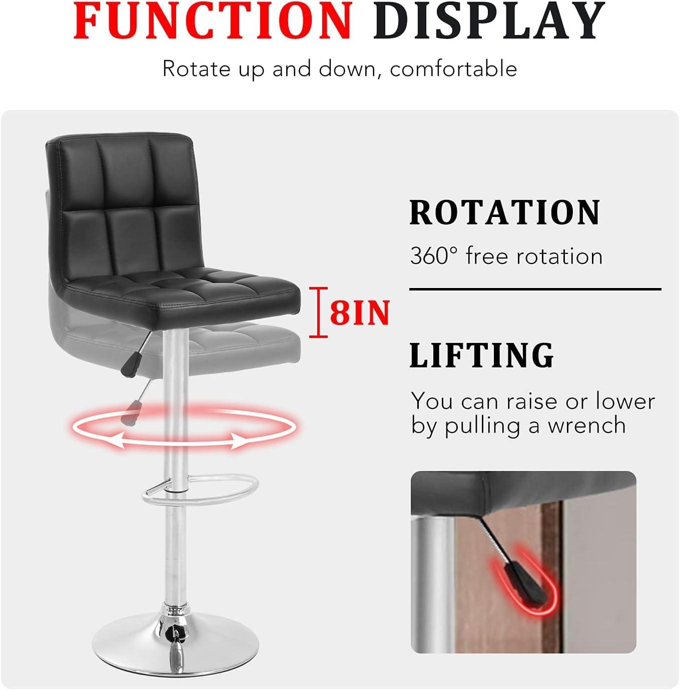 Costway Set of 2 Bar Stools PU Leather Adjustable Barstool Swivel Pub Chairs Black Full Back