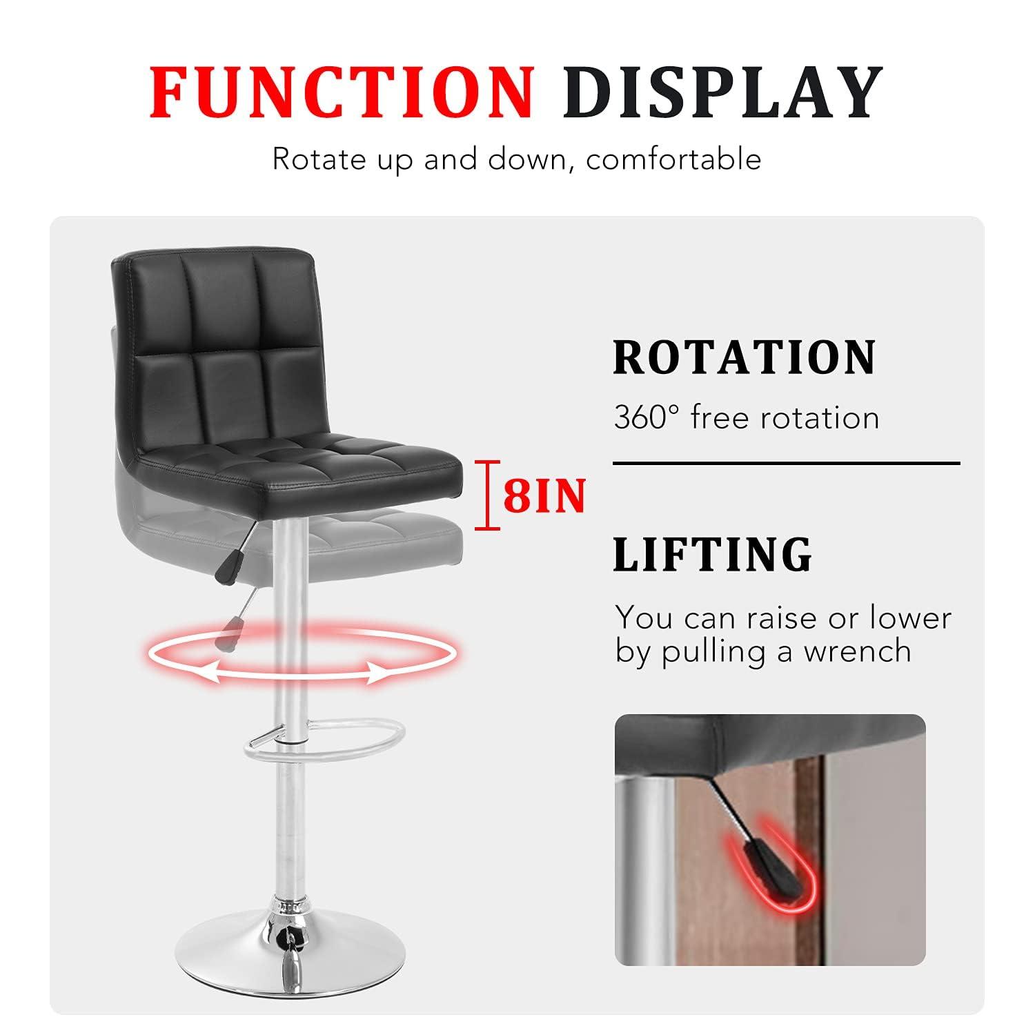 Costway Set of 2 Bar Stools PU Leather Adjustable Barstool Swivel Pub Chairs Black Full Back
