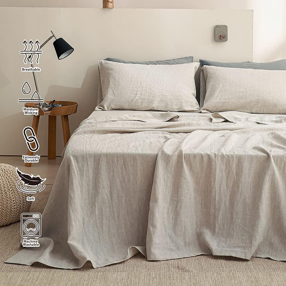 Simple&Opulence 100% Linen Sheet Set 4pcs Basic Style, Deep Pocket, Natural French Washed Flax Solid Color Soft Breathable Bed Sheets - Linen, King