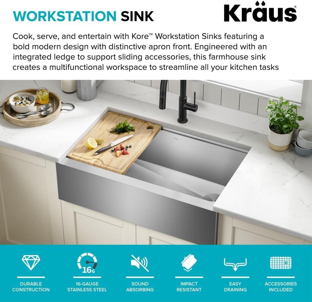 KRAUS Kore™ Workstation 33-inch 16 Gauge Stainless Steel Single Bowl Farmhouse Kitchen Sink with Accessories