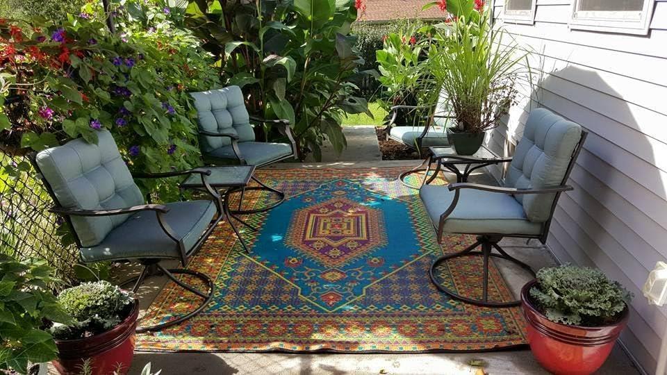 Oriental Turkish Aqua Indoor/Outdoor Area Rug - Reversible, UV Resistant