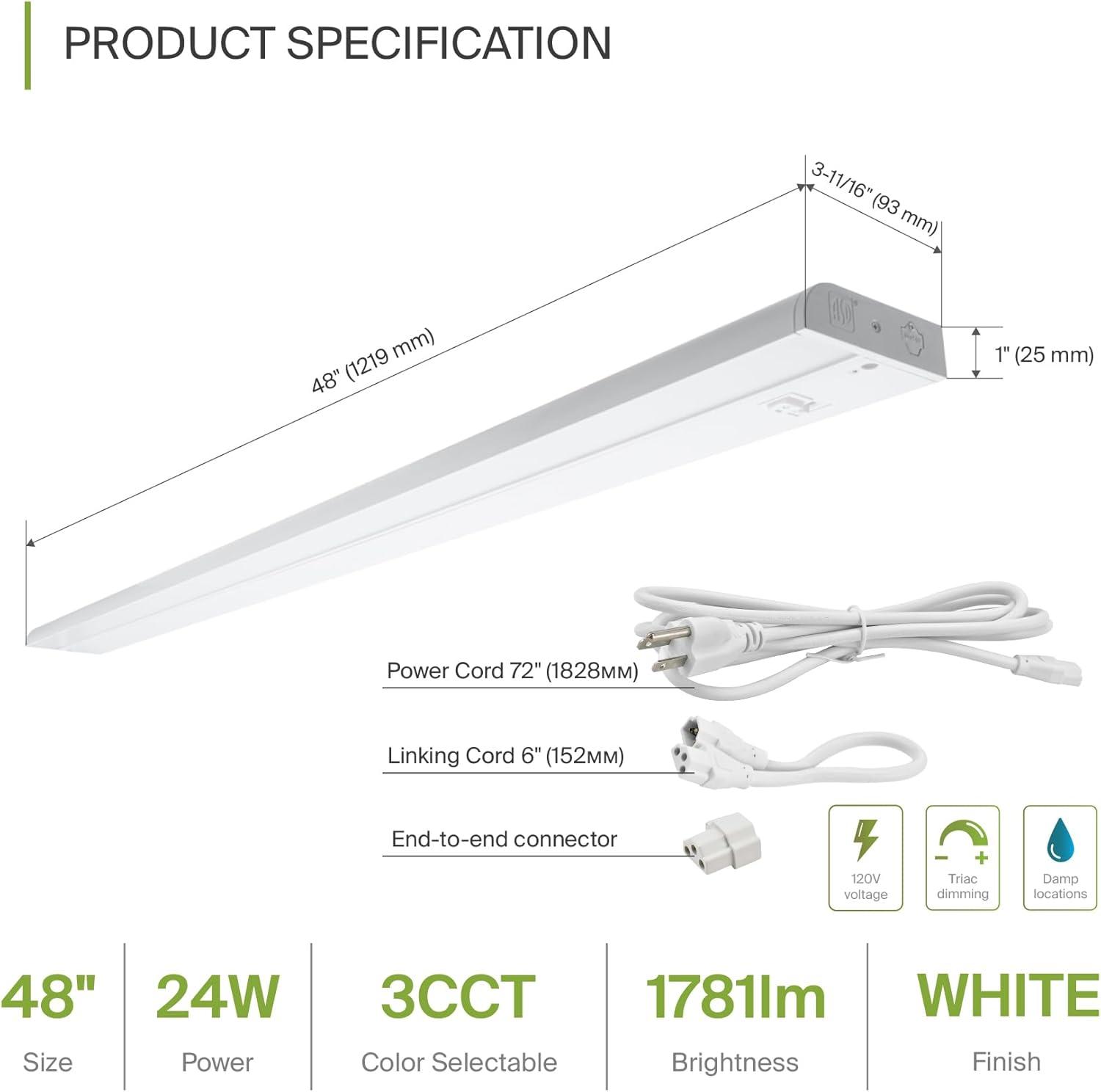 ASD LED Under Cabinet Lighting 48 Inch, Dimmable, Hardwired or Plug-in Installation, 3 Color Levels- 2700K/3000K/4000K, Linkable Kitchen Under Counter Lighting, ETL & Energy Star, White Finish