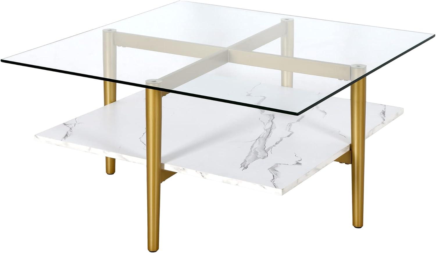 Evelyn&Zoe Otto 32" Wide Square Coffee Table with Faux Marble Shelf, Brass