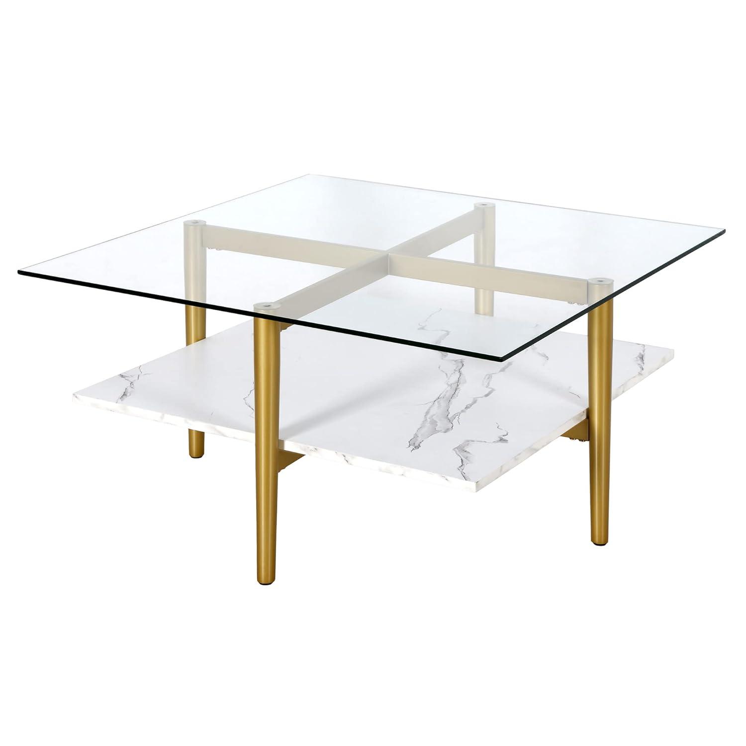 Evelyn&Zoe Otto 32" Wide Square Coffee Table with Faux Marble Shelf, Brass