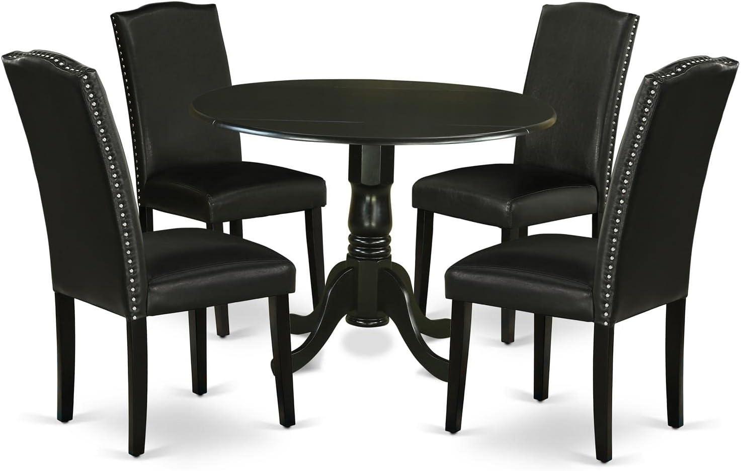 East West Furniture Dublin 5-piece Wood Dining Set with Leather Seat in Black