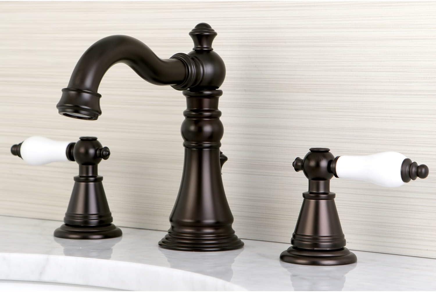 Kingston Brass English Classic Two-Handle 3-Hole Deck Mount Widespread Bathroom Faucet with Brass Pop-Up Drain