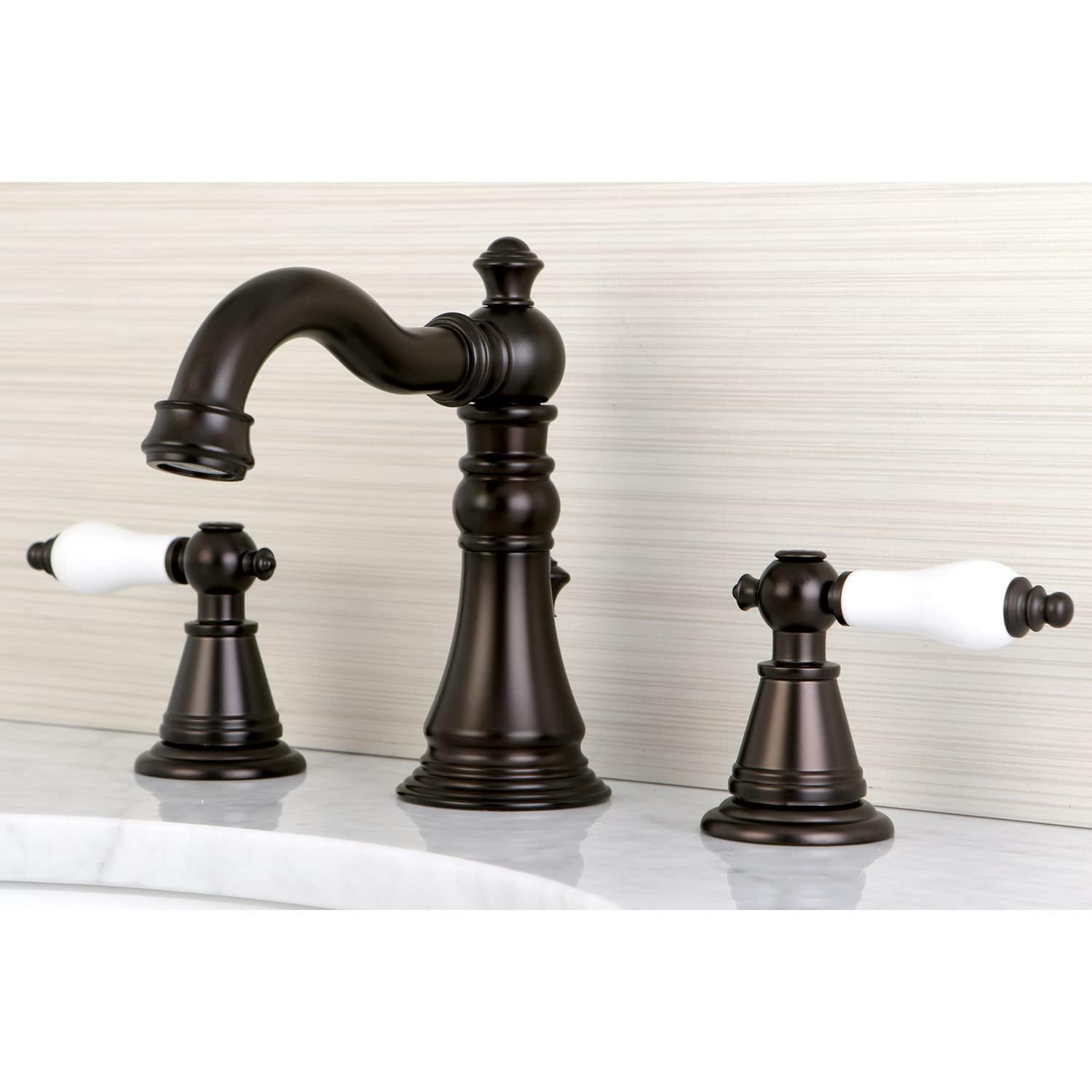 Kingston Brass English Classic Two-Handle 3-Hole Deck Mount Widespread Bathroom Faucet with Brass Pop-Up Drain