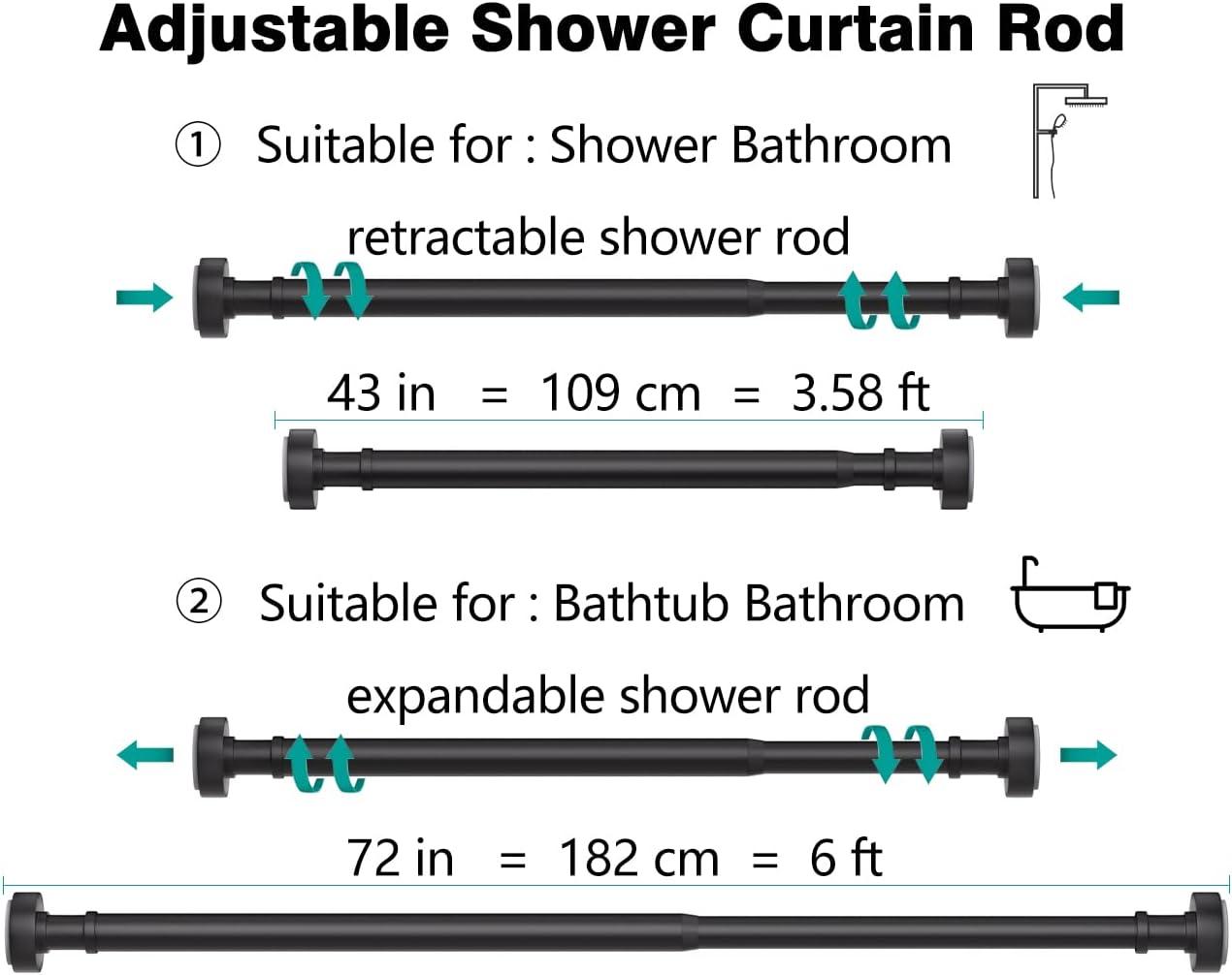 BloomFlower Chrome Shower Rod with 12 Hooks, Adjustable 43-72 inches,Rust Resistance,Tension Metal Rod,No Drill,Silver
