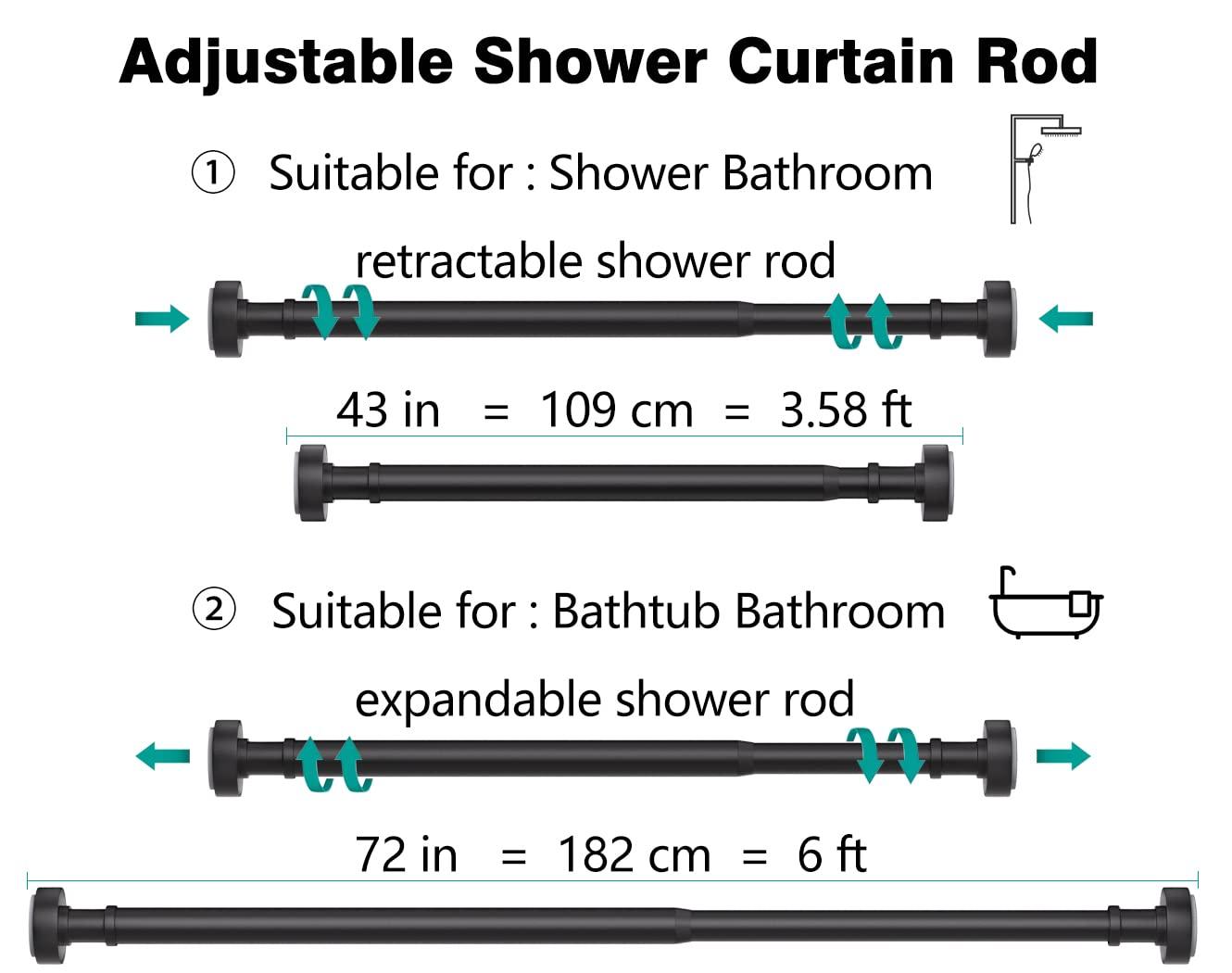 BloomFlower Chrome Shower Rod with 12 Hooks, Adjustable 43-72 inches,Rust Resistance,Tension Metal Rod,No Drill,Silver