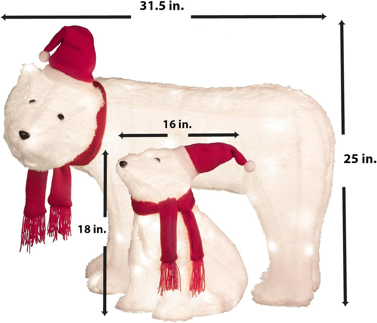 White LED Lighted Polar Bear Family with Red Hats and Scarves