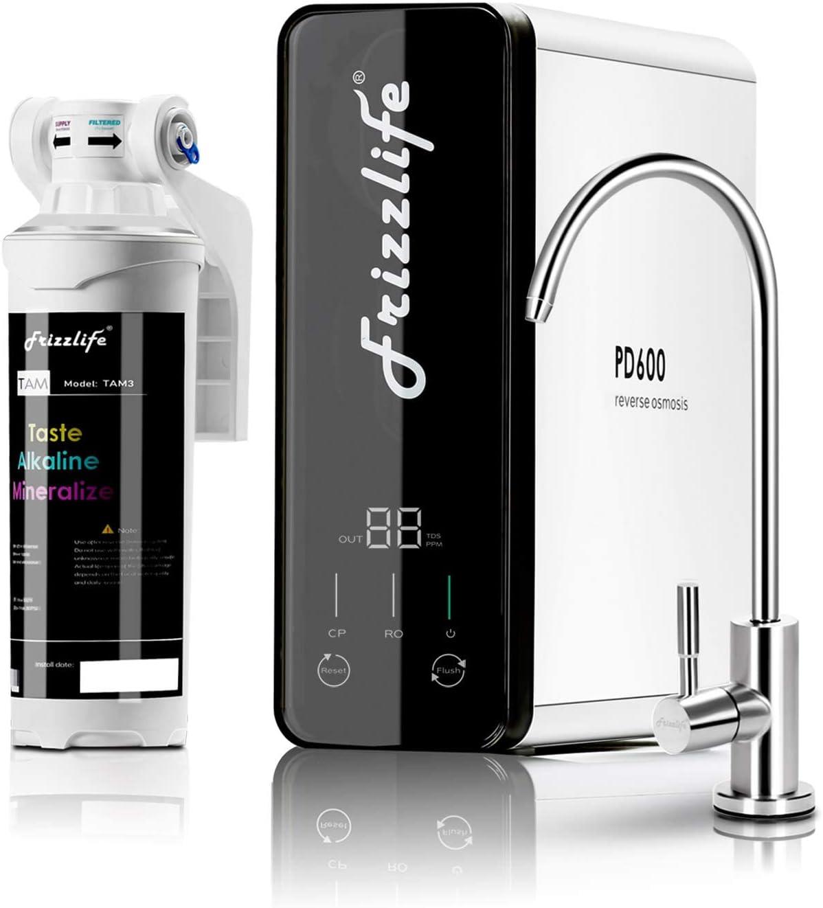 Frizzlife RO Reverse Osmosis Water Filtration System With Alkaline Under Sink - 600 GPD Fast Flow, 1.5:1 Drain Ratio, Tankless -  Compact With Alkaline Remineralization,  PD600-TAM3