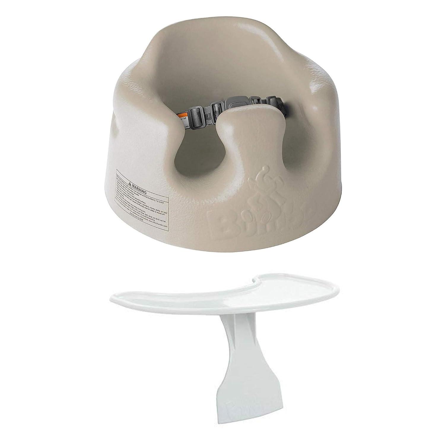 Bumbo Baby Infant Children Toddler Soft Foam Floor Seat with 3-Point Adjustable Harness and Eating and Play Top Tray Attachment, Taupe