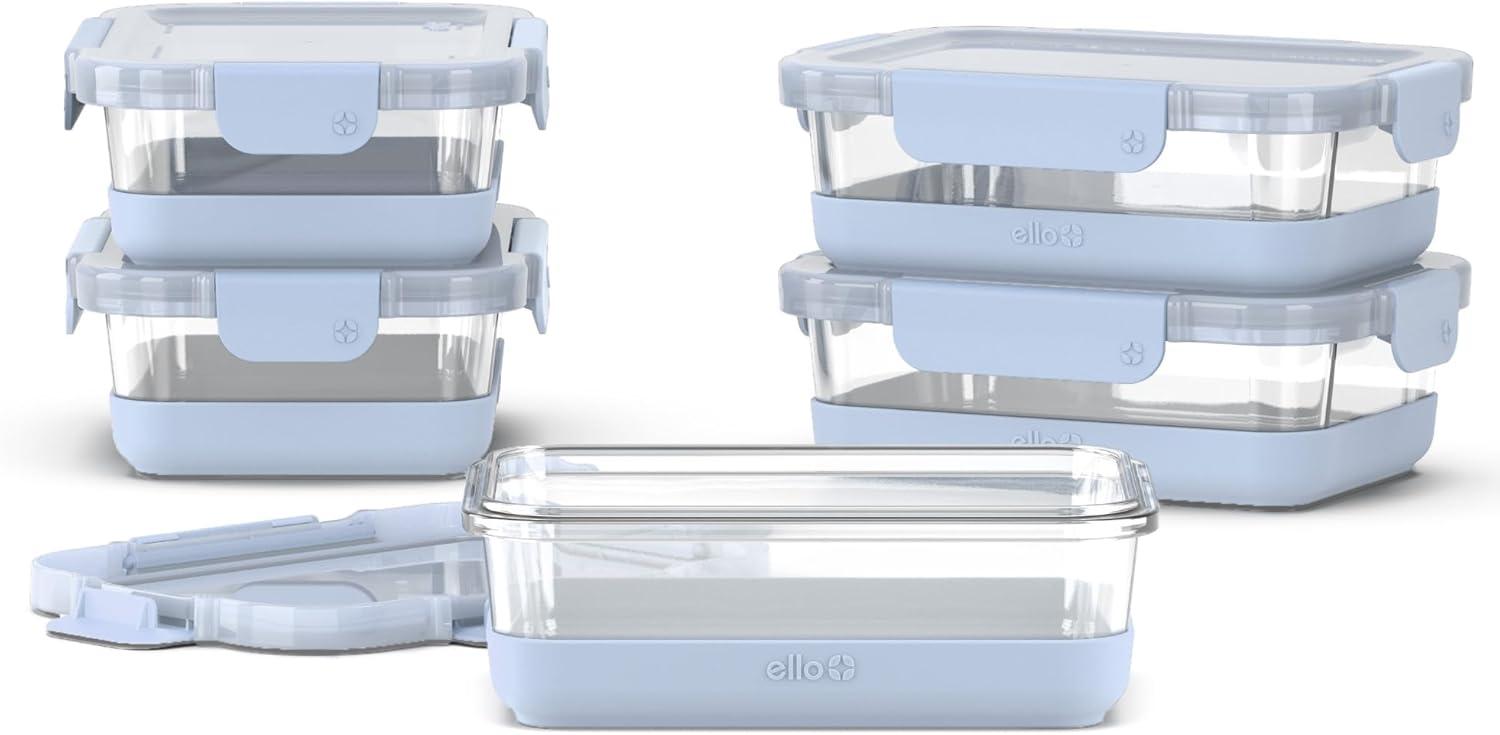 Ello 10pc Glass Meal Prep Food Storage Container Set Blue: BPA-Free, Microwave & Oven Safe, 5 Containers with Lids