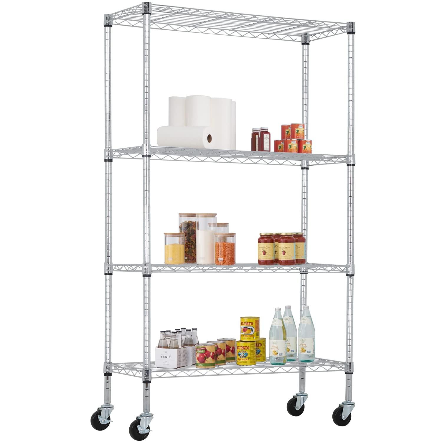 Killeryuki Chrome Storage Shelves, 4-Tier Wire Shelving with Wheels Adjustable Storage Shelves 500lbs Capacity Metal Shelf 36L x 14W x 62H for Office Garage Kitchen Basement Bedroom