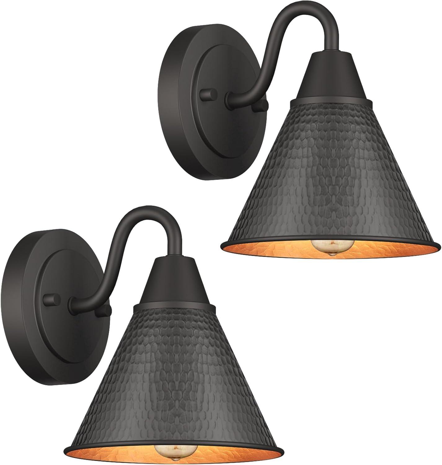 Black Hammered Metal Outdoor Wall Sconces with Gold Interior, 2-Pack