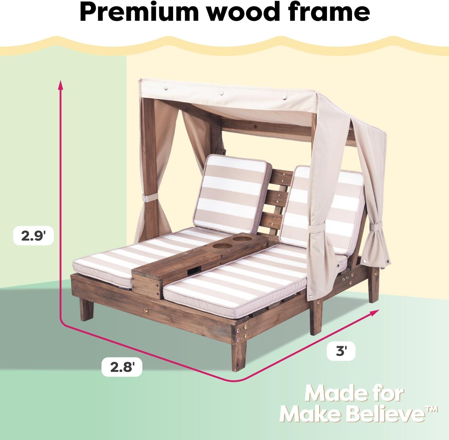 Wooden Outdoor Double Lounger with Cup Holder, Wood Color, L x W x H 36.5 x 33.4 x 35.1 inches