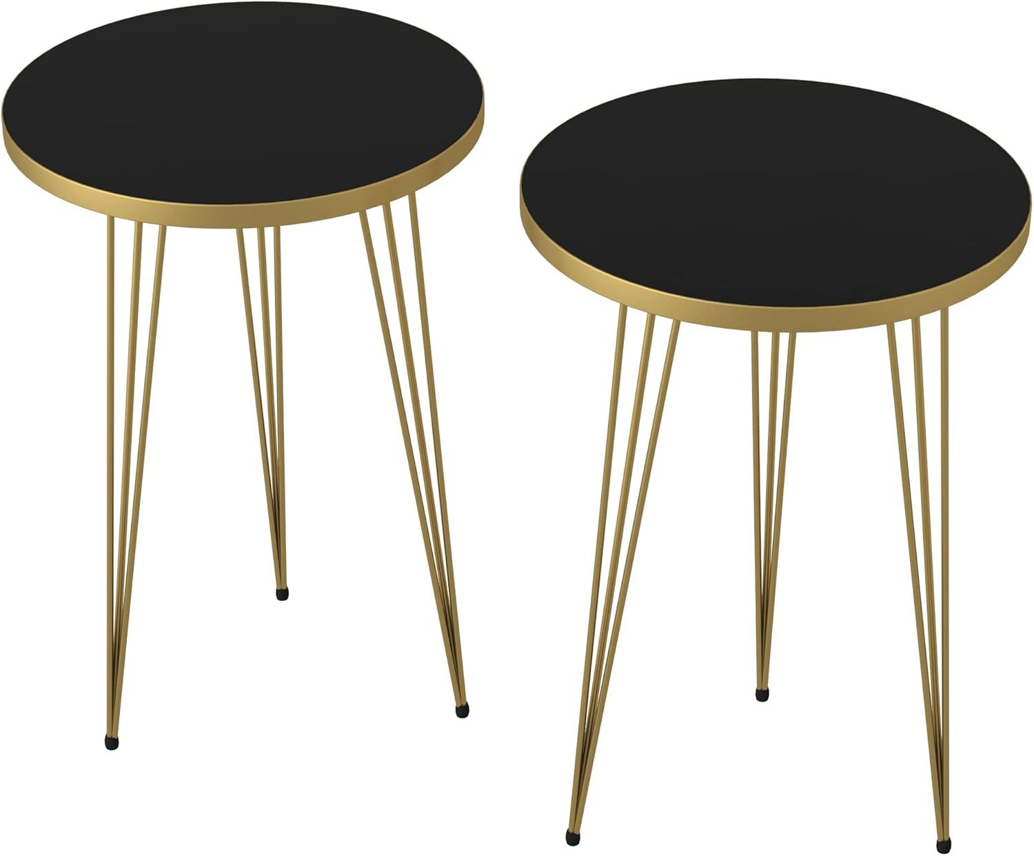 PAK Home Set of 2 END Table - Round Wood Sofa Side Tables for Small Spaces, Nightstand Bedside Table with Metal Legs for Bedroom, Living Room, Office, Balcony (Black High Gloss)