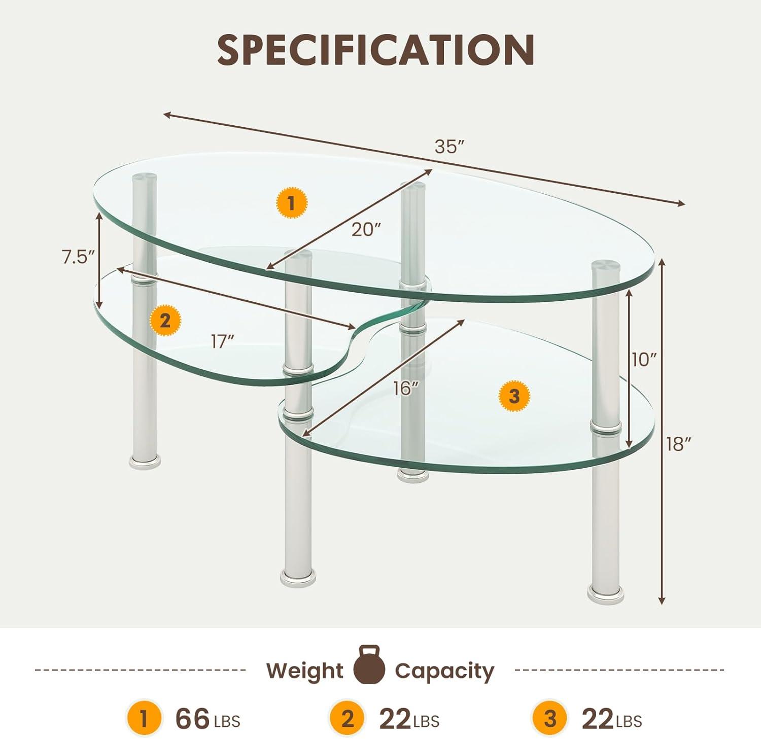 Costway Tempered Glass Oval Side Coffee Table Shelf Chrome Base Living Room Black