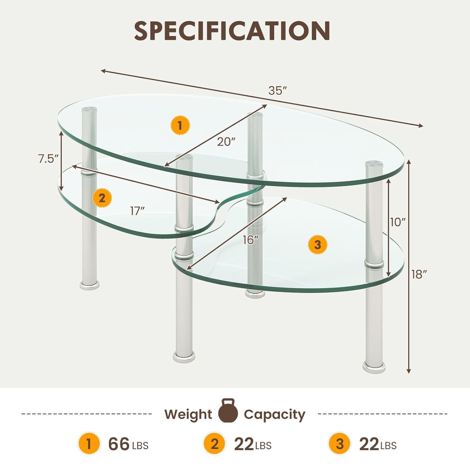 Costway Tempered Glass Oval Side Coffee Table Shelf Chrome Base Living Room Black