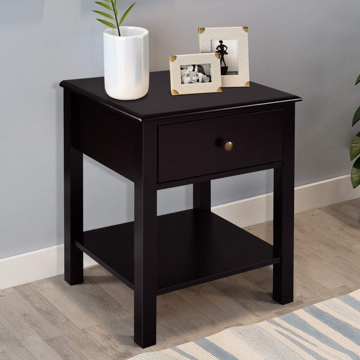 Tangkula End Table Nightstand w/Drawer & Shelf Bedroom Living Room Furniture Brown