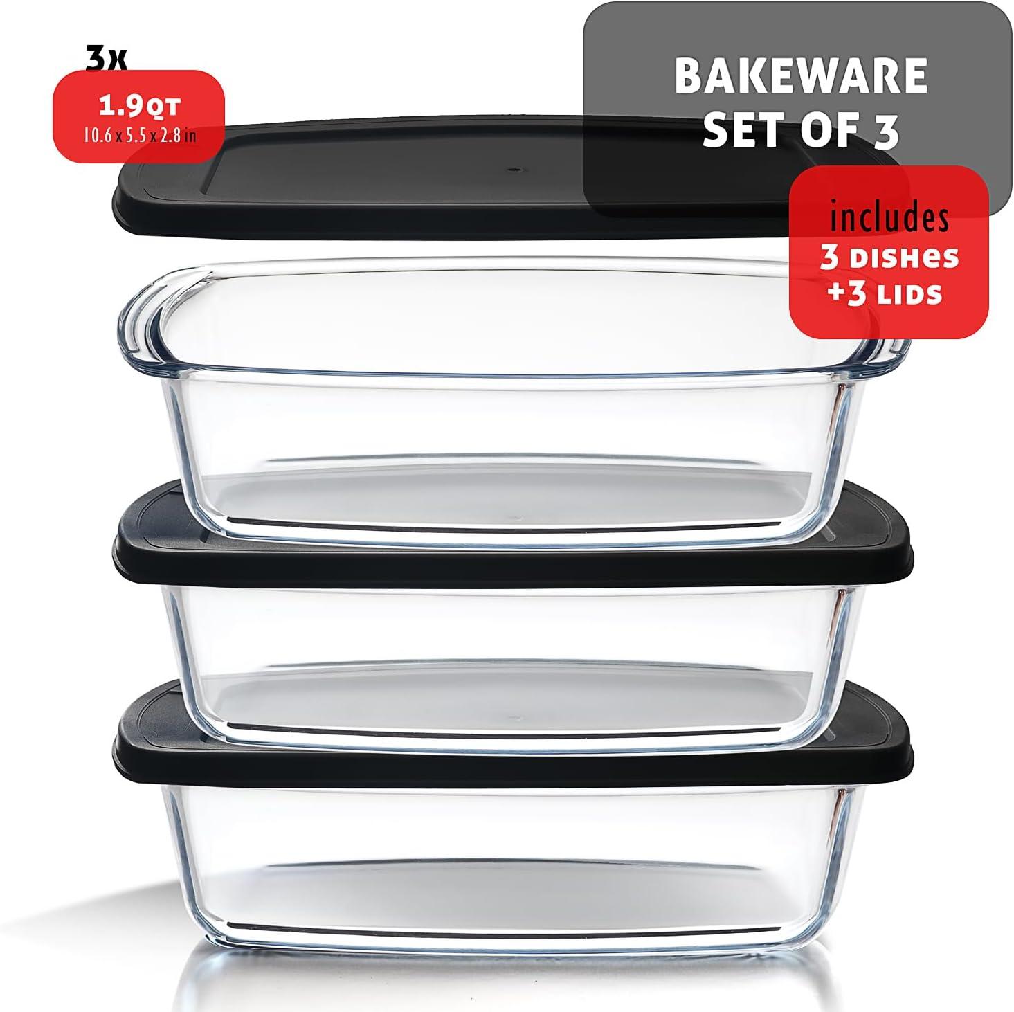 Joytable Bread Loaf Pans with Airtight Lids, 1.9 Quart Deep Rectangular Glass Food Storage Containers