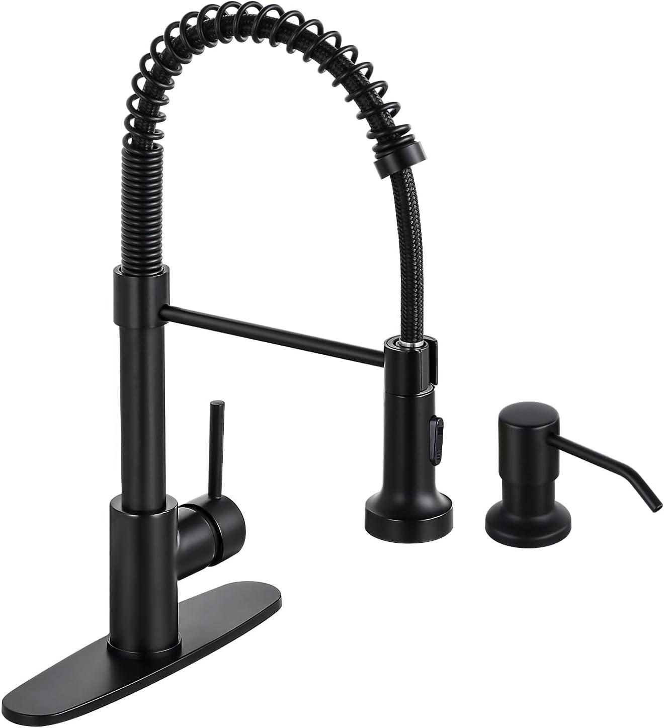 Wilmall Kitchen Faucet with Pull Down Sprayer & Deck Plate, Stainless Steel Commercial Single-Handle Spring Sink Faucet for Laundry, RV, Wet Bar, Farmhouse - Matte Black