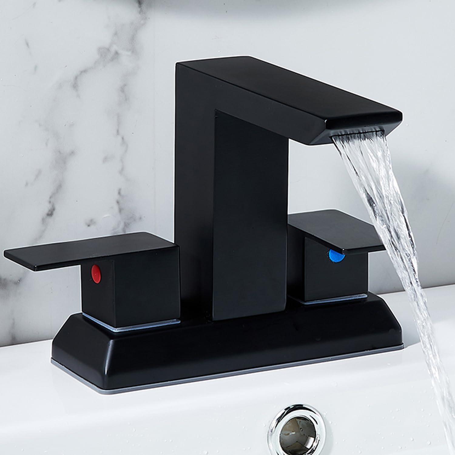 SHACO Black 4 Inch Centerset Bathroom Faucets 3 Hole or 2 Hole, Matte Black 2 Handle Waterfall Vanity Faucet, Lavatory Mixer Tap RV Sink Faucet with Overflow Pop Up Drain and Hose, SC-ZT907B-NEW1